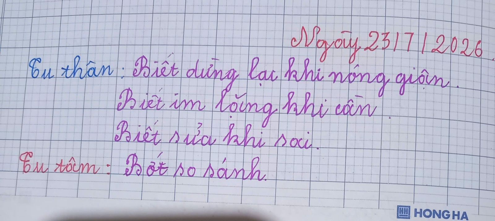 Trang sổ chép tay ngày 23/7/2026